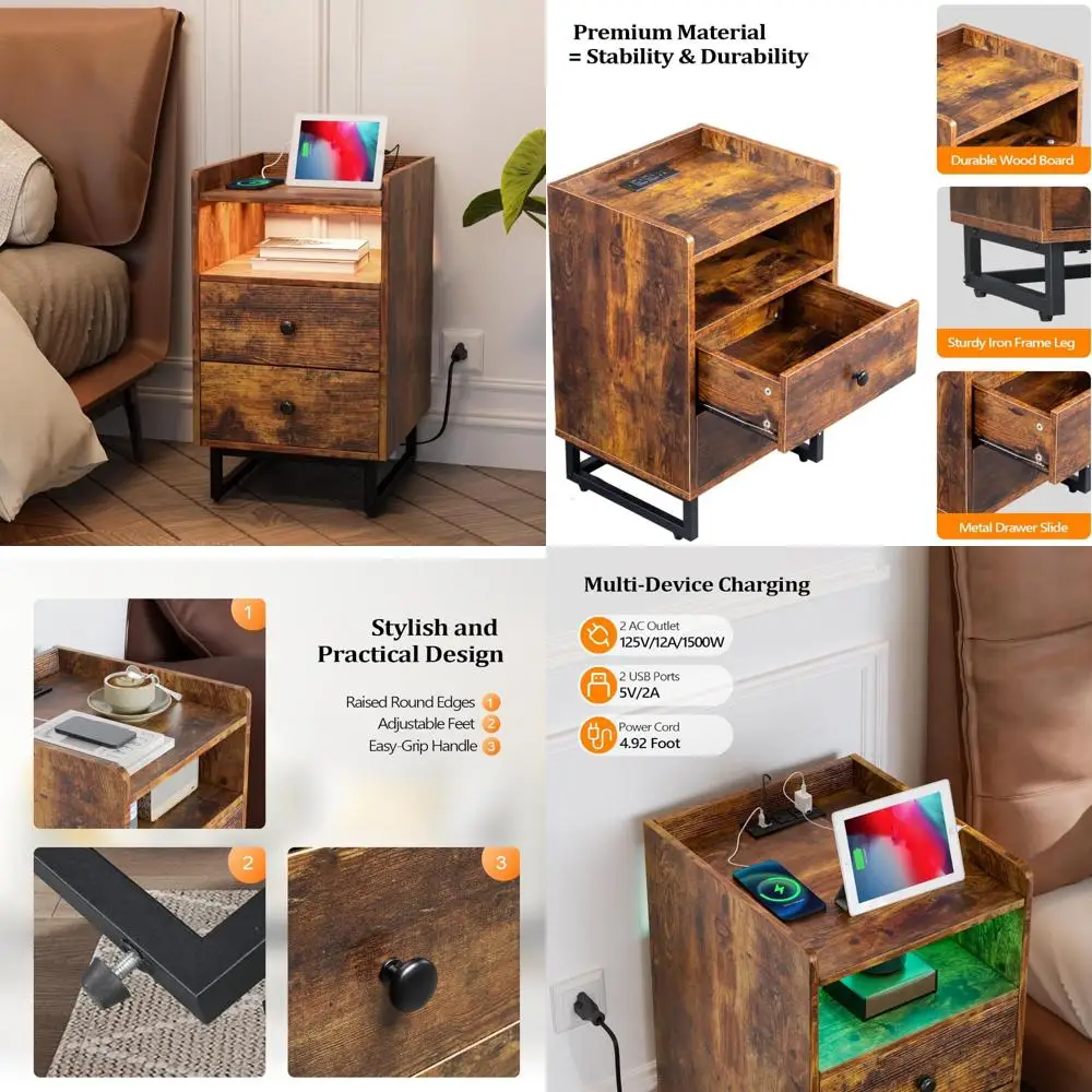 

rustic brown charging nightstand with led, drawer, metal legs, smart features for bedroom