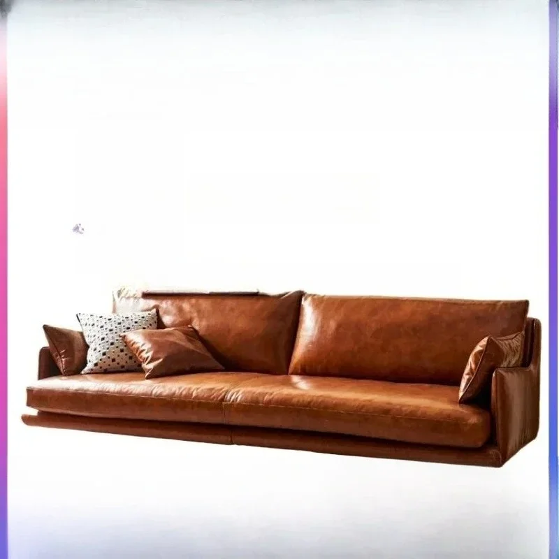 Household Leather Sofa First Layer Cowhide Living Room Mid-Ancient Nanyang Style Retro Caramel SofaX8