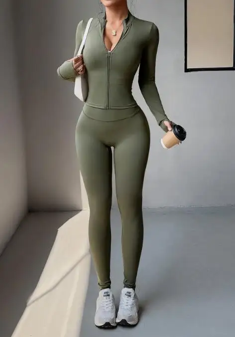 

2026 New Fashion Classic Slim Fit Sports Women's 2-Piece Set Solid Color Stand Up Collar Zipper Front Coat Tight Pants Set