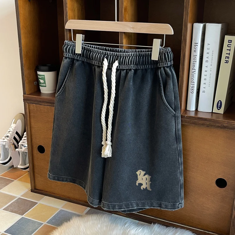 Gothic Washed Men Solid Color Shorts Plus Size Hip Hop Summer Casual Trunks Male Knee Length Short Pants