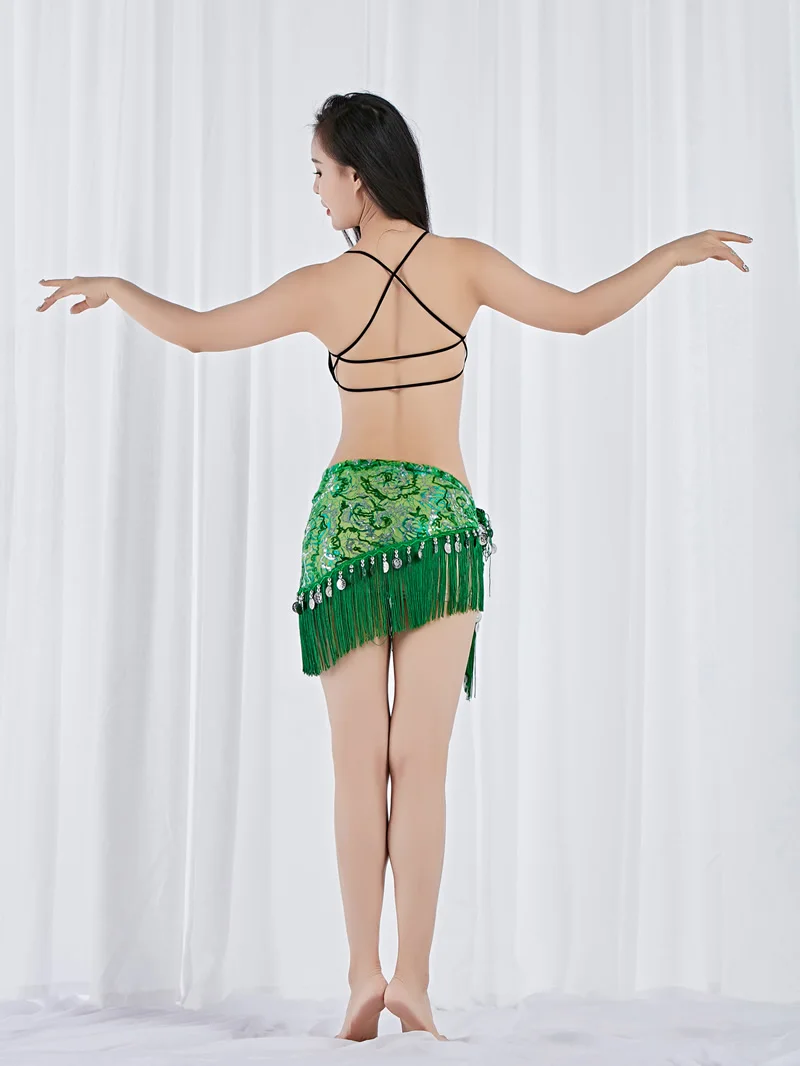 customized women's adult belly dance costume tassel performance with waist chain hip scarf sequin triangle scarf tassel skirt