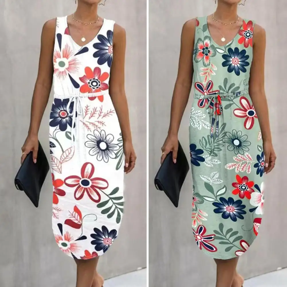 Zomer V-Hals Jurk Met Bloemenprint V-Hals Zonnejurk Slanke Taille Knielengte Midi Jurk Voor Vrouwen Elegante Zomer Mode Bloemen