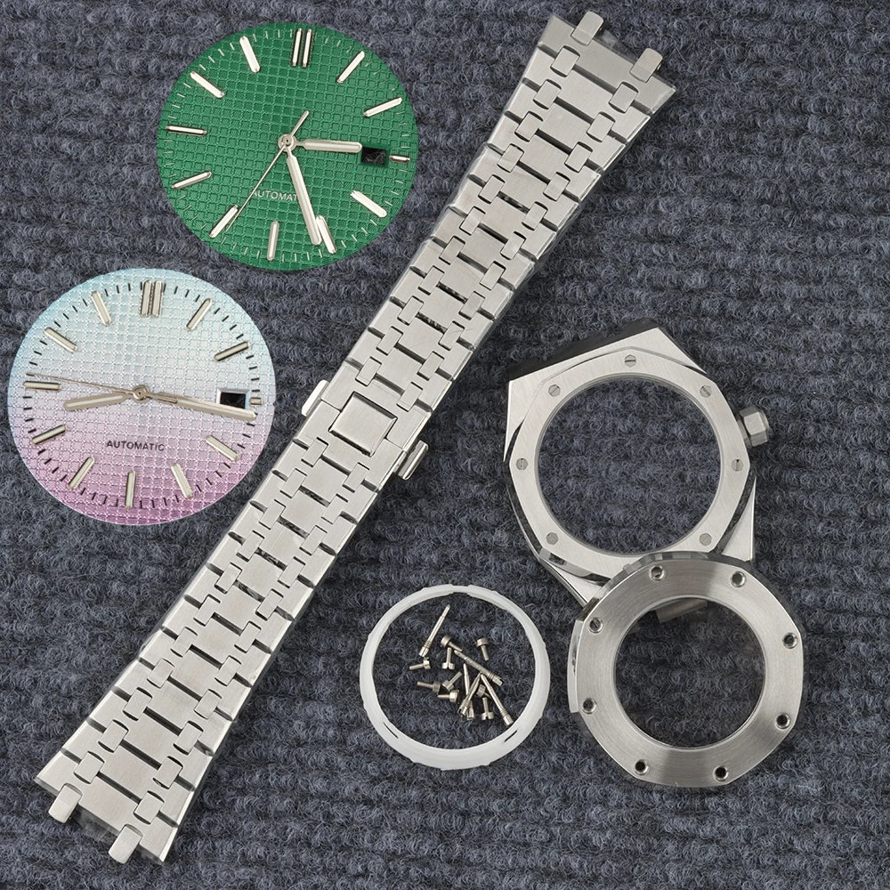 

NH35 Dial Case 41mm For Royal Oak Case Bracelet Dial Hands Green Luminous Stainless Steel Sapphire Case Fit NH35 NH36 Movement