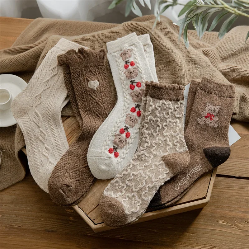 Cute Bear Socks Women High Wool Keep Warm Brown Winter Sock Fuffy Funny Lovely Kawaii Cartoon Christmas Gift Thermal Size 35-40