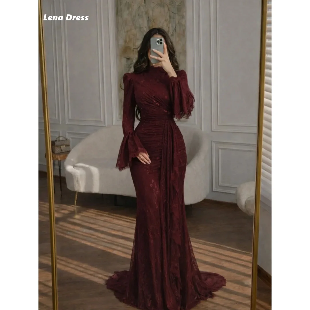 

Lena Burgundy Elegant Dresses Woman for Evening Party Embroidered Lace Luxury Party Dress Customized Long Sleeves Fish Tail Prom