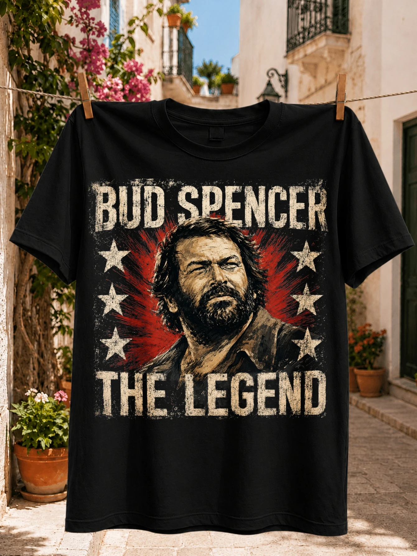 Grunge Graphic with Bud Spencer Portrait Red Paint Burst Stars and The Legend Front Print Tee  Unisex All T-Shirt