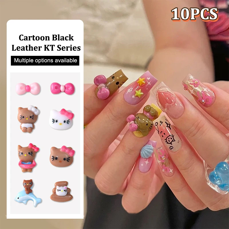 Sanrio-Resina Múltiplo Estilo Cartoon Cat Nail Art Decorações, DIY Manicure Artesanato, Encantos Praia do Verão, Pele Negra, 10pcs