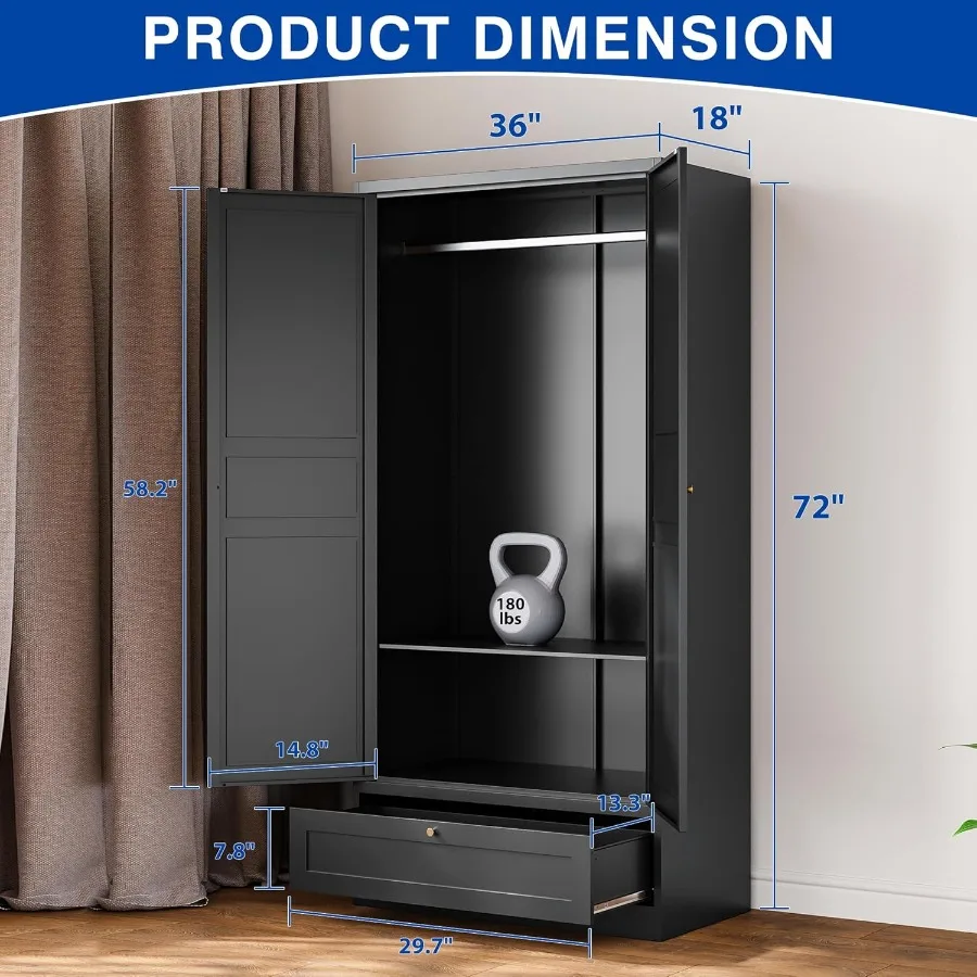 Metal Armoire Wardrobe Closet with 2 Doors and 72'' Tall Cabinet Featuring Adjustable Shelves Hanging Rail and Integrated Drawe