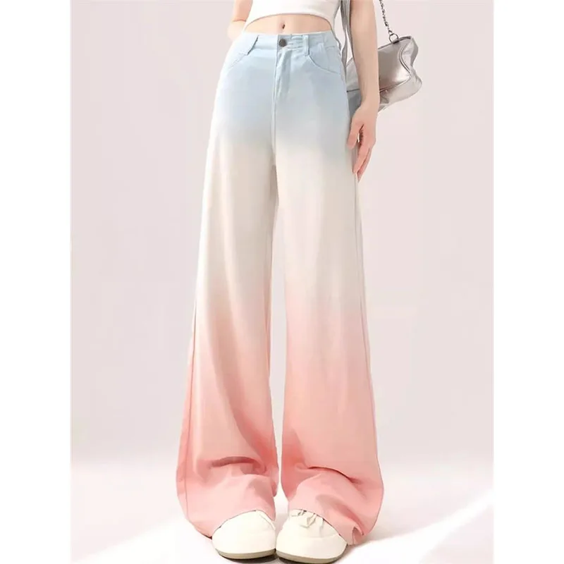 

Korean Lady High Waist Denim Pants 2025 Femme Large Size 4XL Straight Trousers Summer Women Gradient Wide Leg Jeans Pantalons