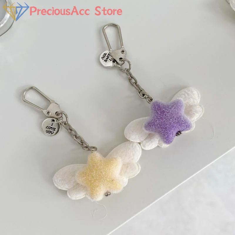 Elegant Flocking Angel Wing And Star Keychain Lightweight Key Ring Bag Charm For Fashionable Women Decoration Accessories