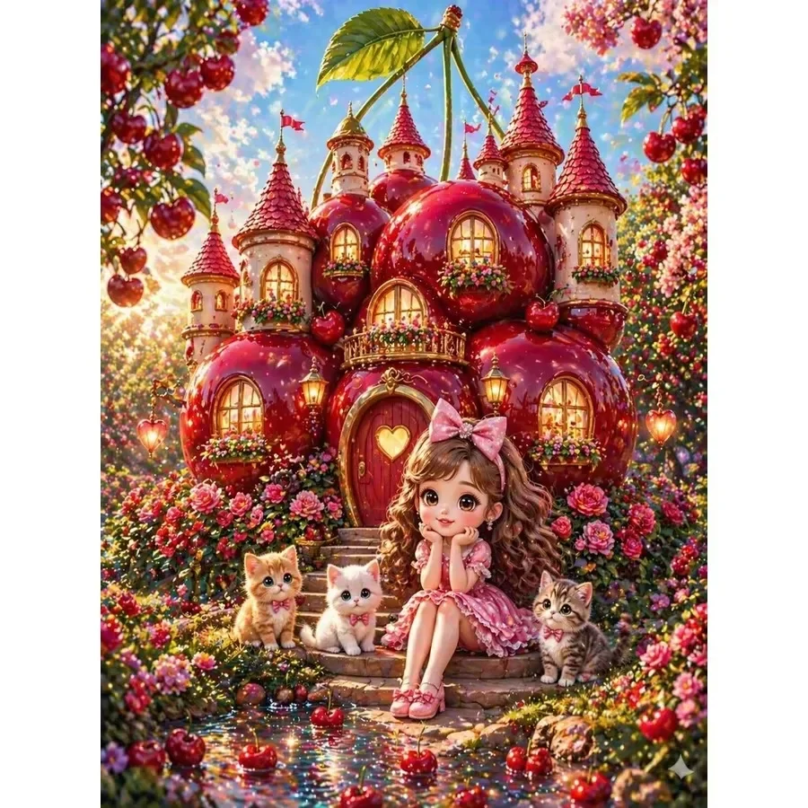 DIY Cherry Castle Maiden With Kittens Diamond Painting, Vibrant Fairytale Garden, Perfect Handmade Gift for Family & Friends