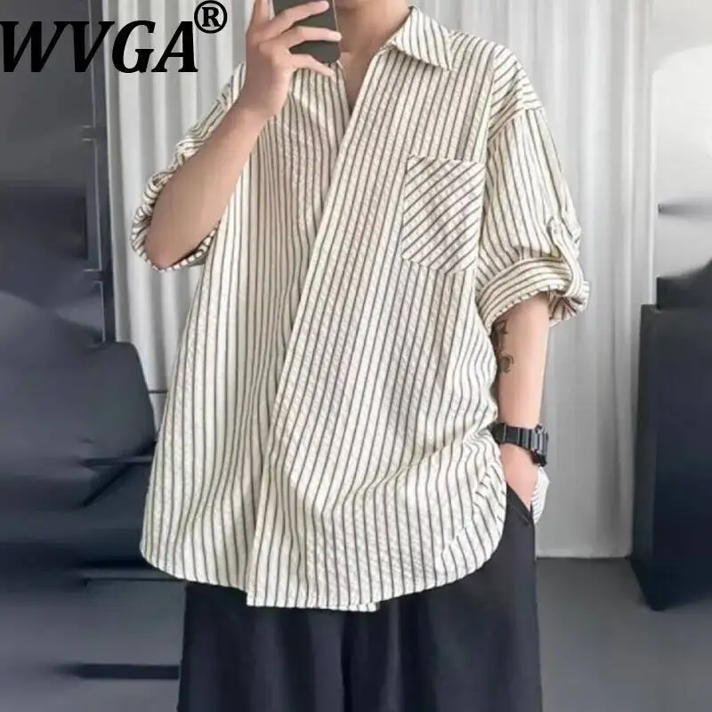 

WVGA Summer New Men's Striped Turn-down Collar Trendy Short Sleeve Shirts Diagonal Placket High-end Niche Casual Tops Ins W23587