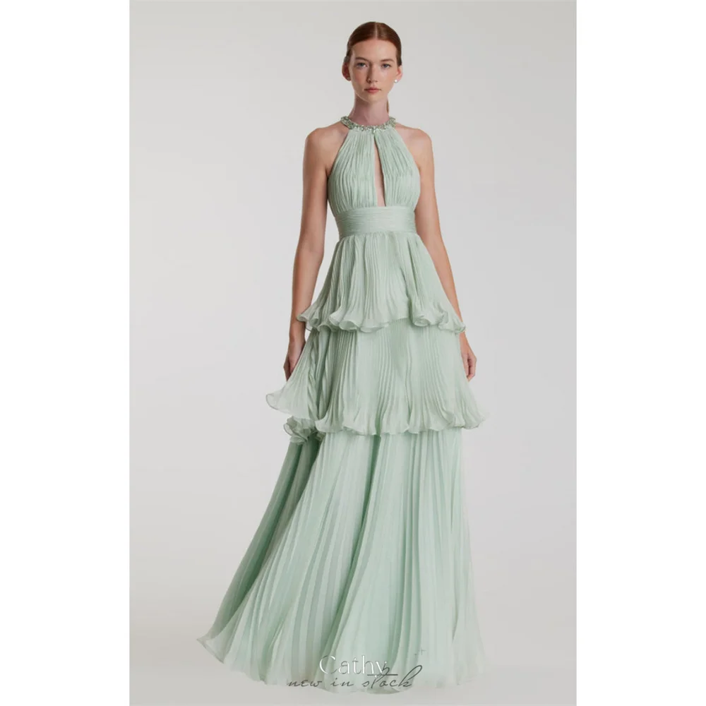 

Cathy Customized Green O-Neck Multilayer Pleats Prom Dresses A-Line Sleeveless vestidos de noiva Cut-Out Backless Formal Evening