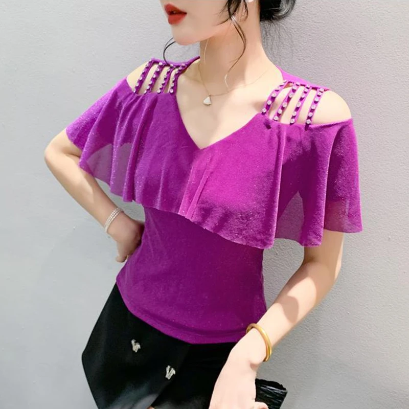 Casual Off Shoulder Sexy T Shirt Women Summer Ruffles Sleeve Y2k Clothes Beading Mesh Streetwear V Neck Ladies Black Tops Purple