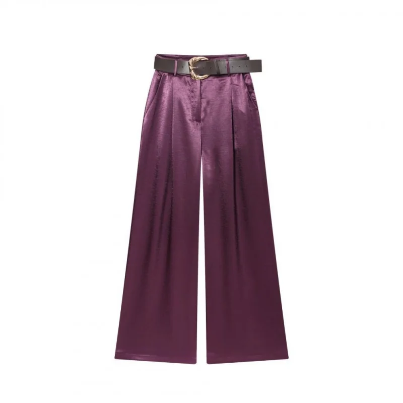 Elegante paarse satijnen kleding voor dames, lente casual top met vleermuismouwen + wijde broek met hoge taille en riem, geschikt voor werk en feestjes