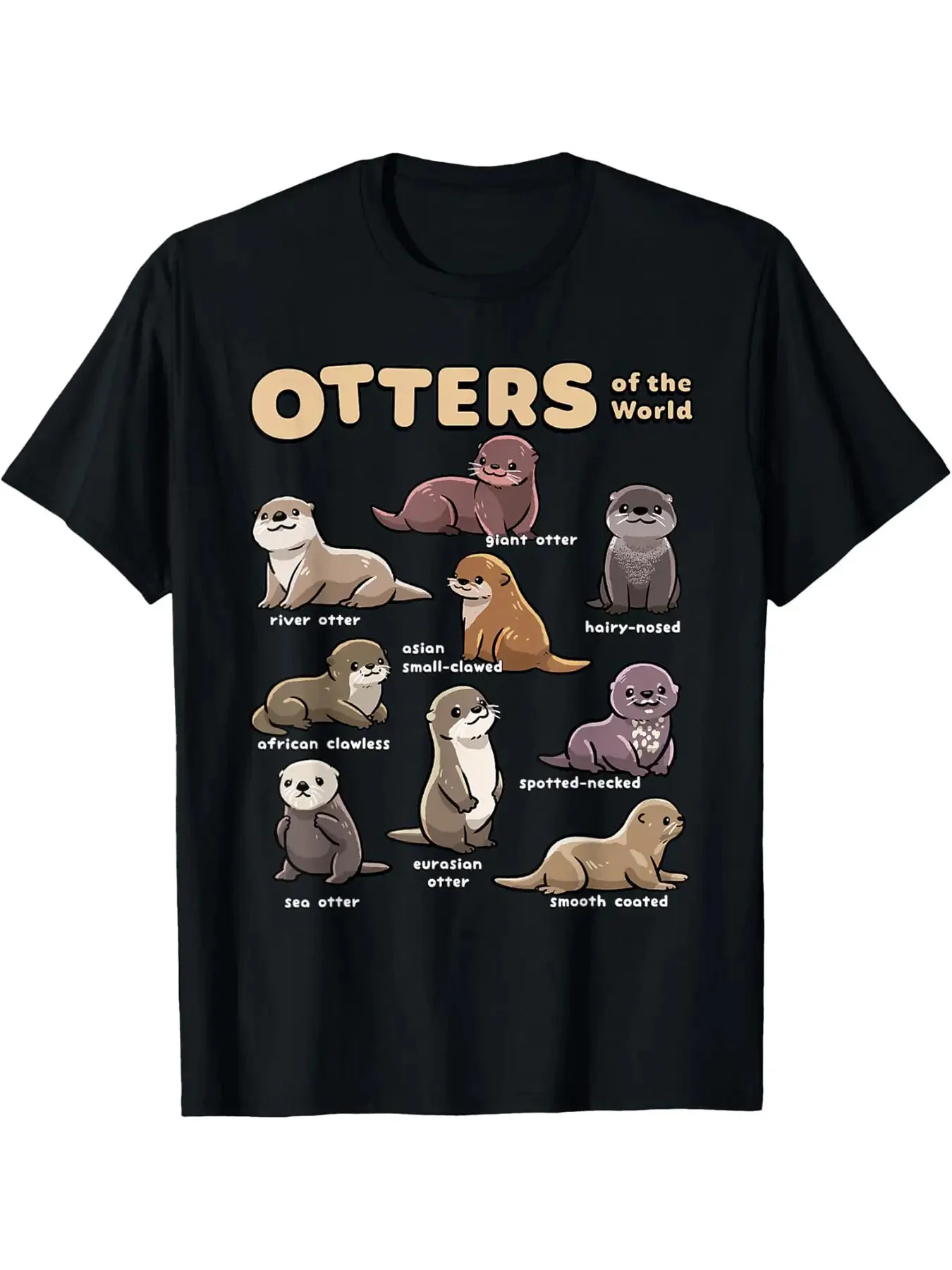 Camiseta educativa para amantes de las nutrias para hombre - Diseño de especie de nutria chibi con nutrias etiquetadas (nutria asiática de garras pequeñas, neotrópica, africana)