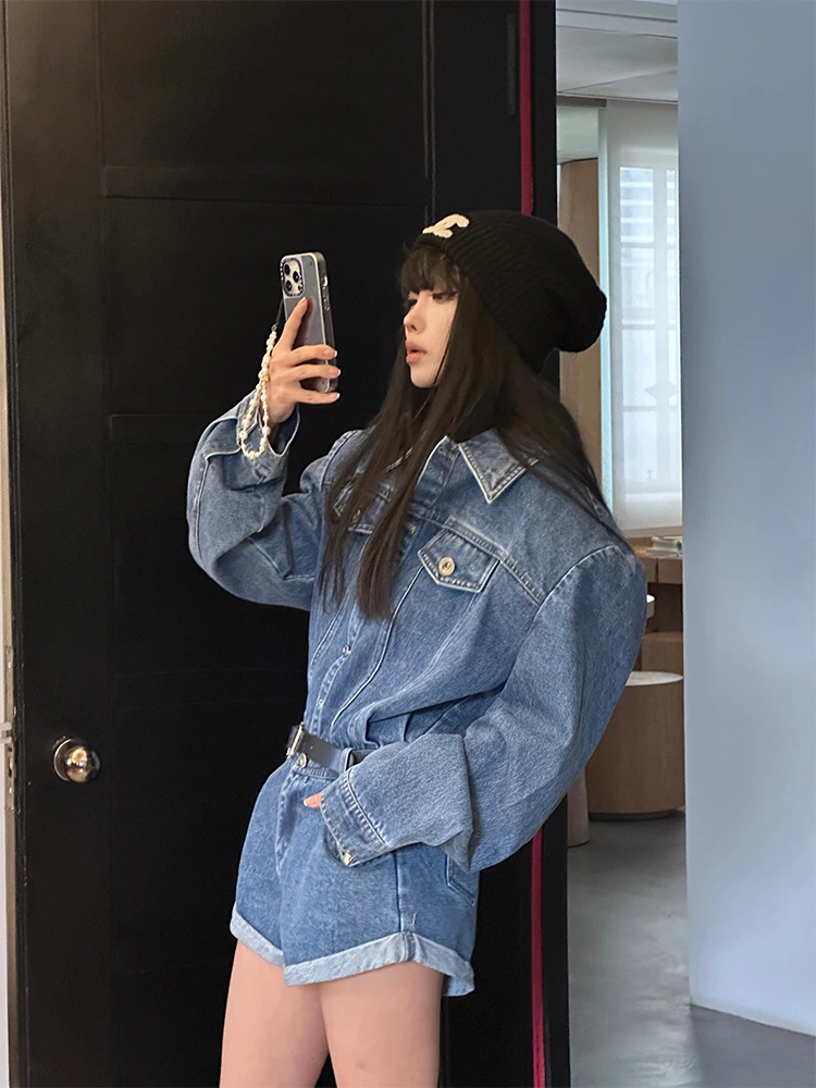 WARDEN EDGE Blue Denim Jumpsuit Women Vintage High Waist Romper Autumn Loose Fit Wide Leg Slim Playsuit Casual Streetwear