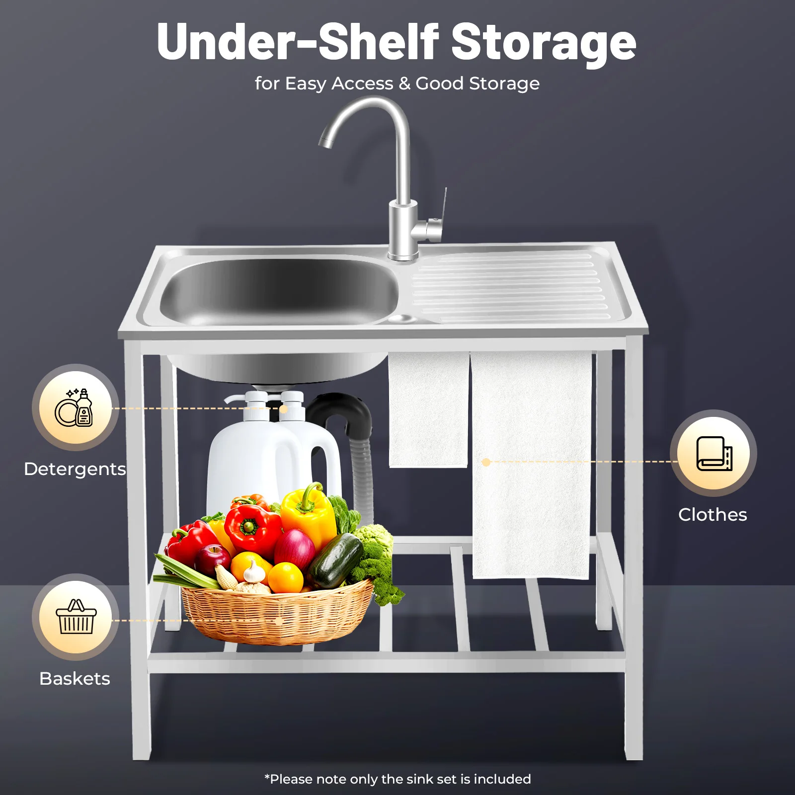 

Free Standing Kitchen Single Bowl Sink Commercial Sink with Operation Countertop and Bottom Shelf for Restaurants