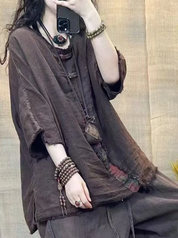レトロな風合いのリネン素材、2025年夏向けレディース通勤服、ゆったりフィット、七分袖、ラウンドネック、無地、個性的なダメージ加工