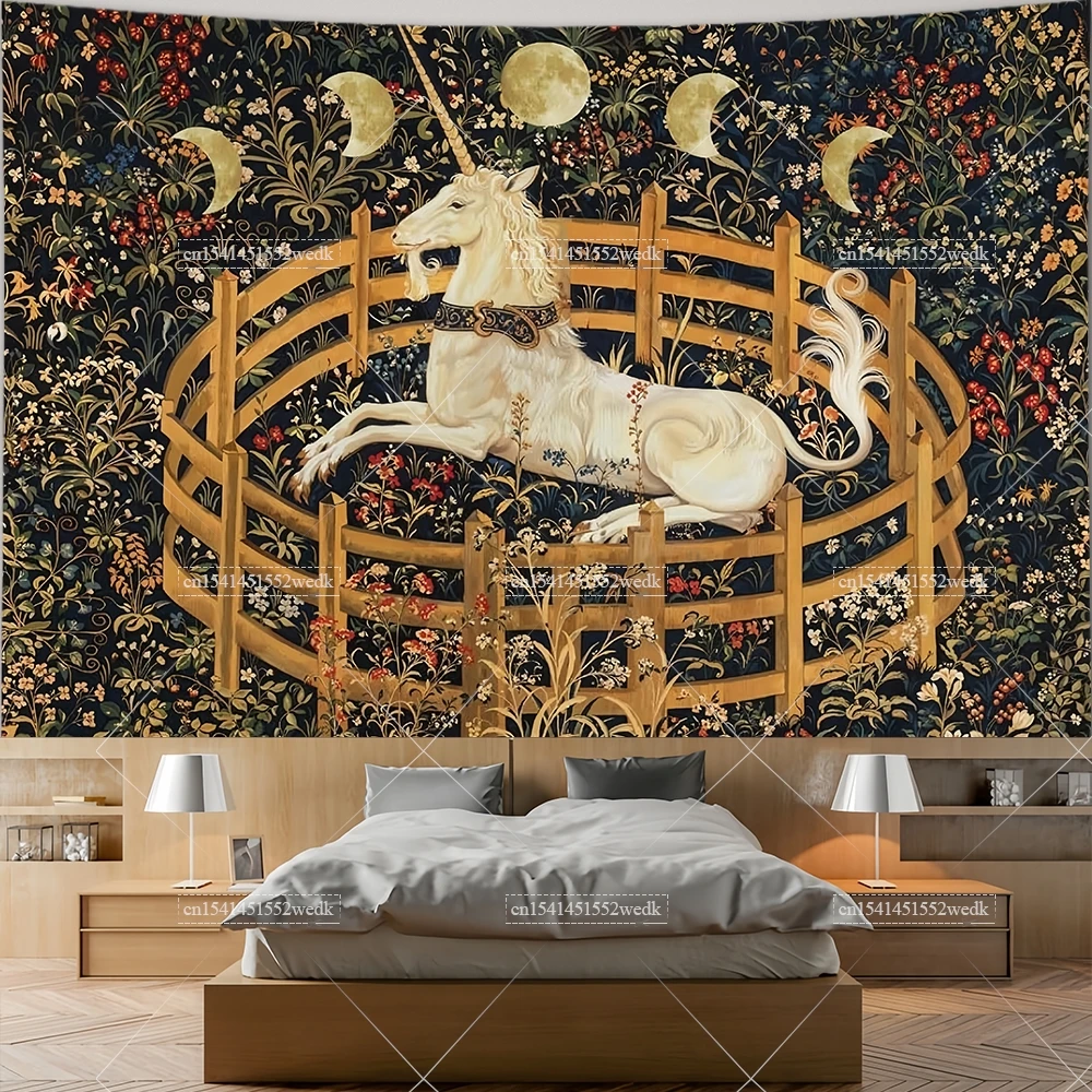 Tapisserie médiévale licorne en captivité, soleil lunaire céleste, lune, Tarot, Art mural, décor de salle esthétique, tissus de fond