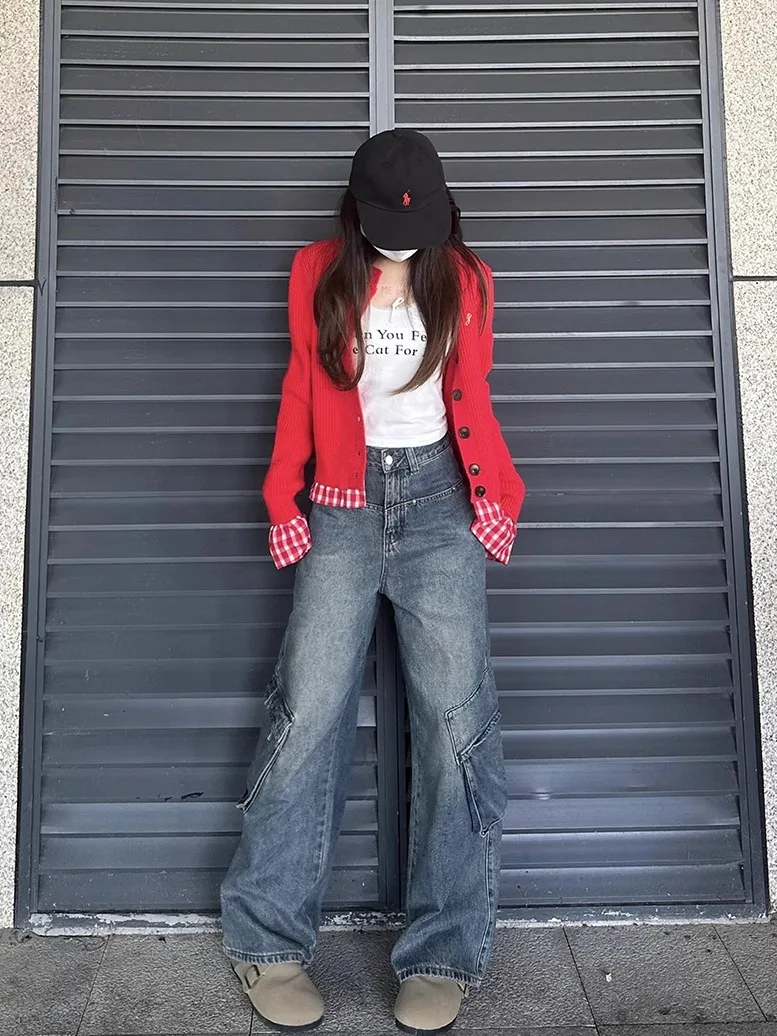 

Американский тяжелый дизайн, широкие джинсы для спецодежды, женские джинсы с высокой талией, свободные брюки длиной до пола, несколько кетов