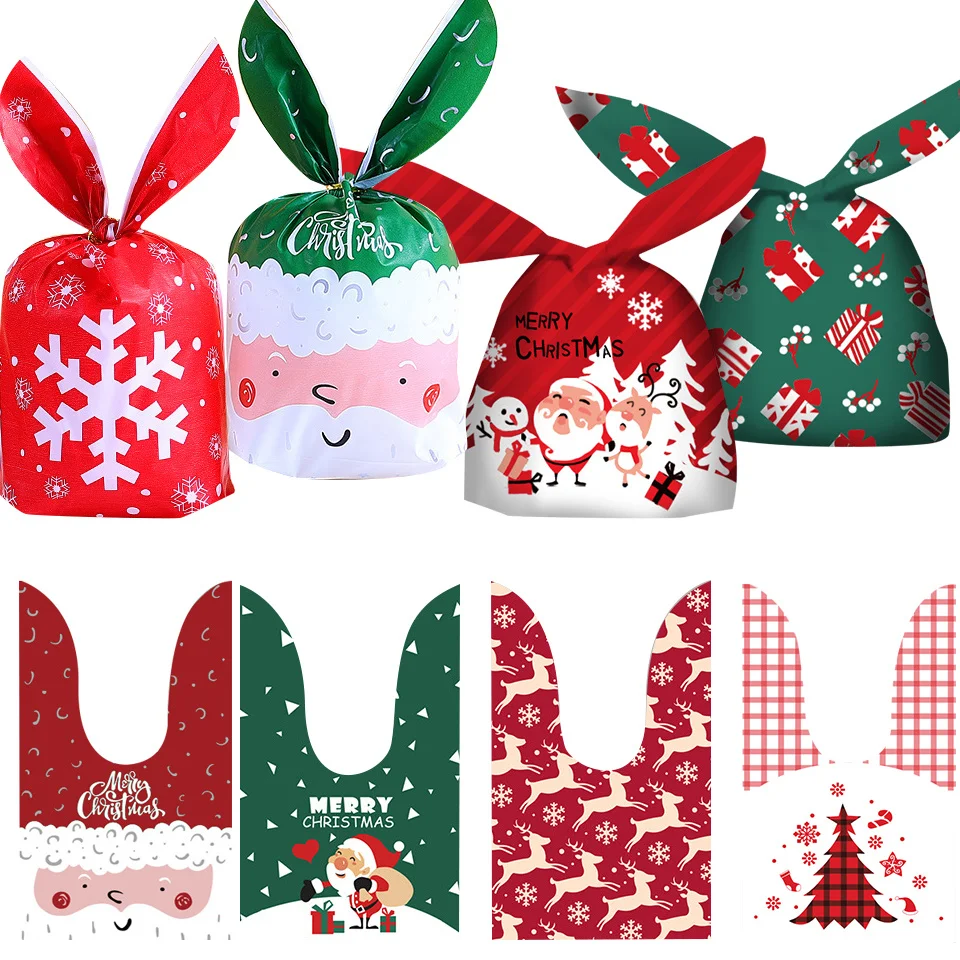 10/20pcs Rabbit Ear Christmas Candy Bags Plastic Carton Santa Claus Snowman Gift Bags For 2022 Noel Cookies Packing Supplies