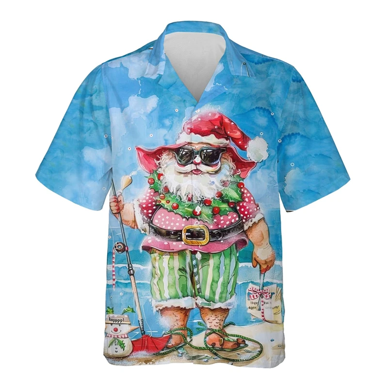 

Graffiti Santa Claus Beach Shirt 2025 Merry Christmas Shirts For Men Xmas Funny Gifts Button Clothing Snowman Y2k Lapel Blouse