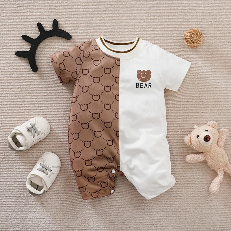 Newborn Clothes Cute Cartoon Patchwork Teddy Bear Comfortable And Soft Summer Boys And Girls 0-18 Short Sleeved Baby Jumpsuit