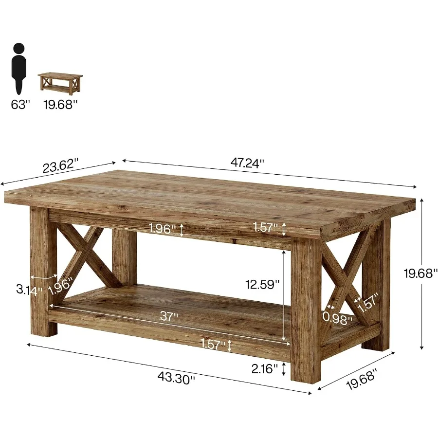 47.24 Solid Wood Coffee Table for Living Room, Brown, Sturdy X-Frame Side Design and Natural Grain Finish