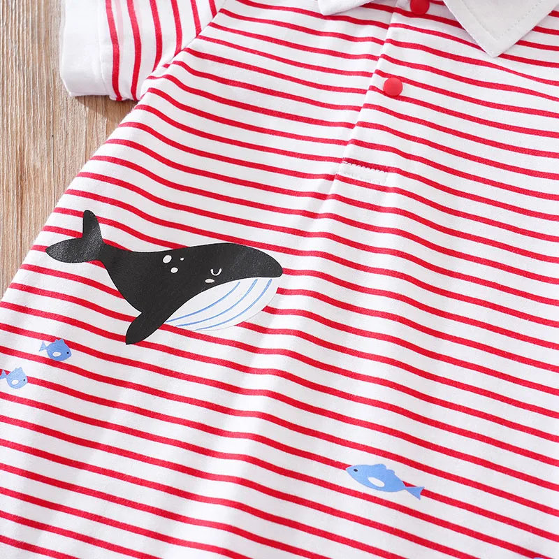 Summer Boys And Girls Cute Cartoon Stripe Whale Print Comfortable Casual Short Sleeve Baby Bodysuit