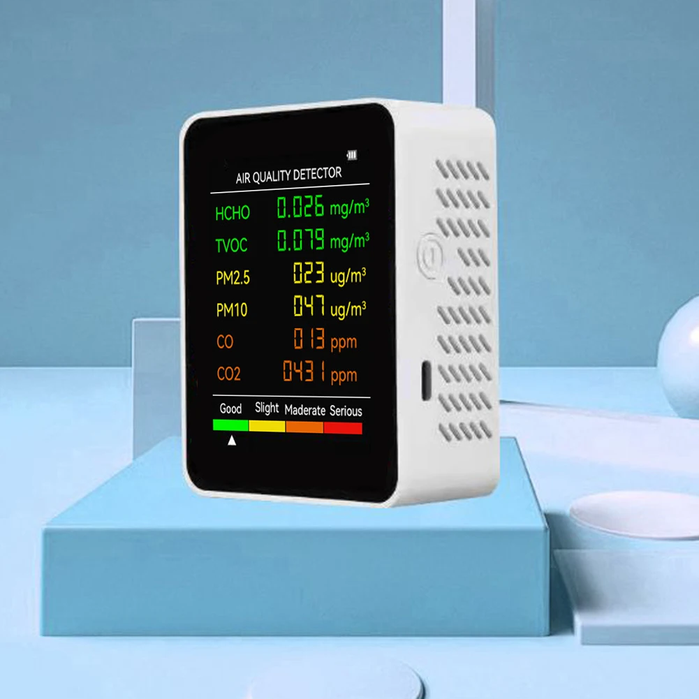 Detector de qualidade do ar para testar pm2.5/pm10/hcho/tvoc/anóxido de carbono/formaldeído 6 em 1 tela lcd multifuncional portátil