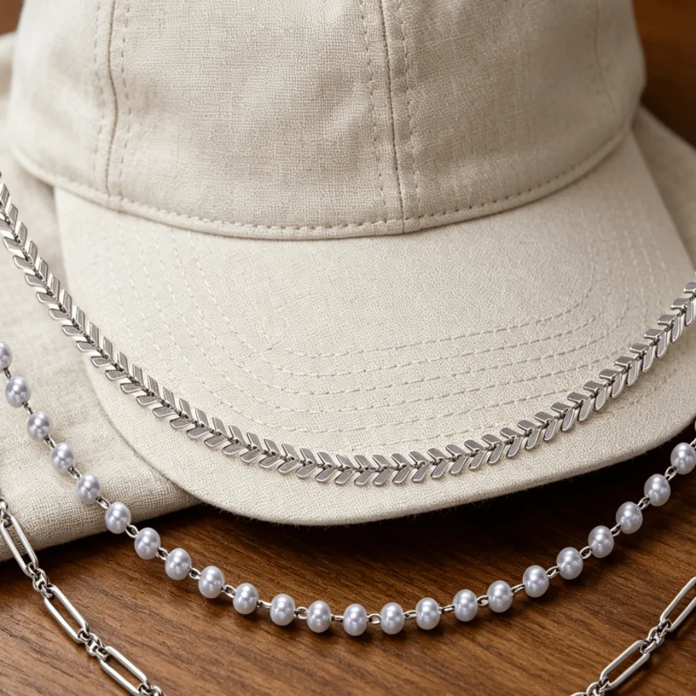 3pcs/Set Chill Detachable Cap Charms Alloy Flower DIY Hat Chain Link Leaves Stainless Steel Rolo Chain Outfit Accessories view 5