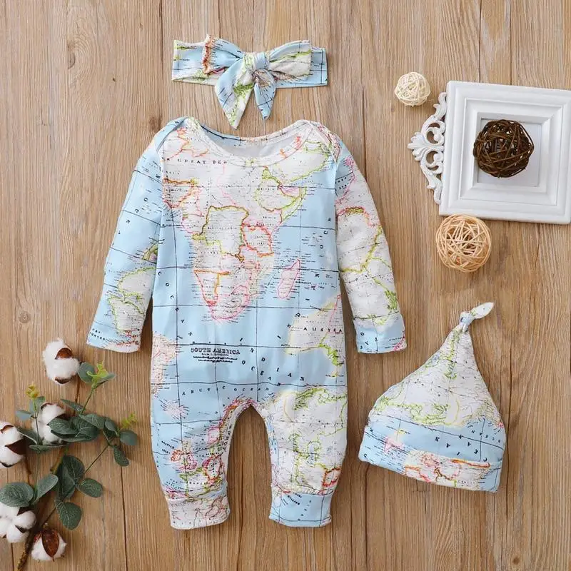 طقم بدلة جسم قطعة واحدة لحديثي الولادة ، ملابس للنساء ، طباعة خريطة العالم ، مريحة وعصرية ، ملابس ، حديثي الولادة