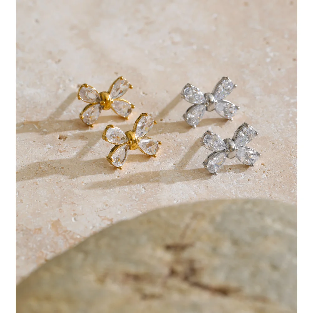 Yhpup Stainless Steel Cubic Zirconia Bowknot Small Stud Earrings High-Grade Korean Style Sweet Cute Jewelry Accessories