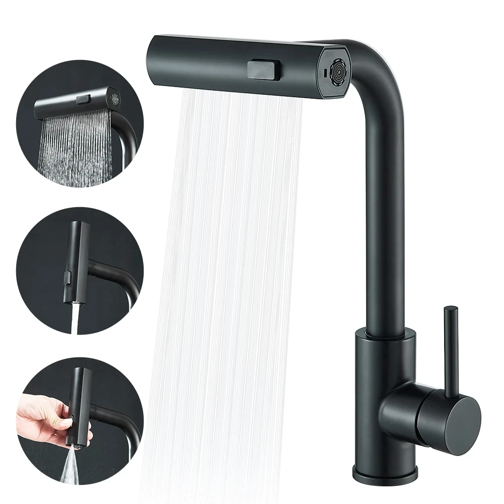 Multifunctional flushing rotatable kitchen faucet stainless steel pull-out kitchen faucet waterfall hot and cold mixing water si