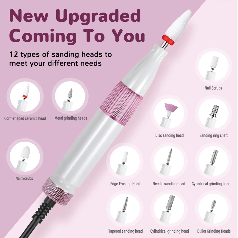 Upgraded Portable Electric Nail Polisher 15000 RPM Nails Grinding Polishing Machine USB Charge Manicure Drill 12 Sanding Heads