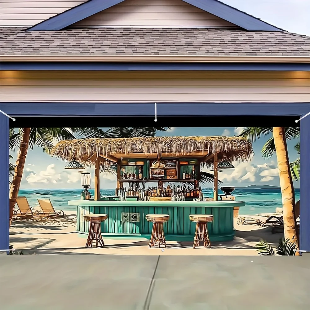 Banner de puerta 2D Impresión plana 2D Cubierta de puerta de garaje con escena de bar de playa tropical hawaiana para 1 persona - Banner de poliéster vibrante
