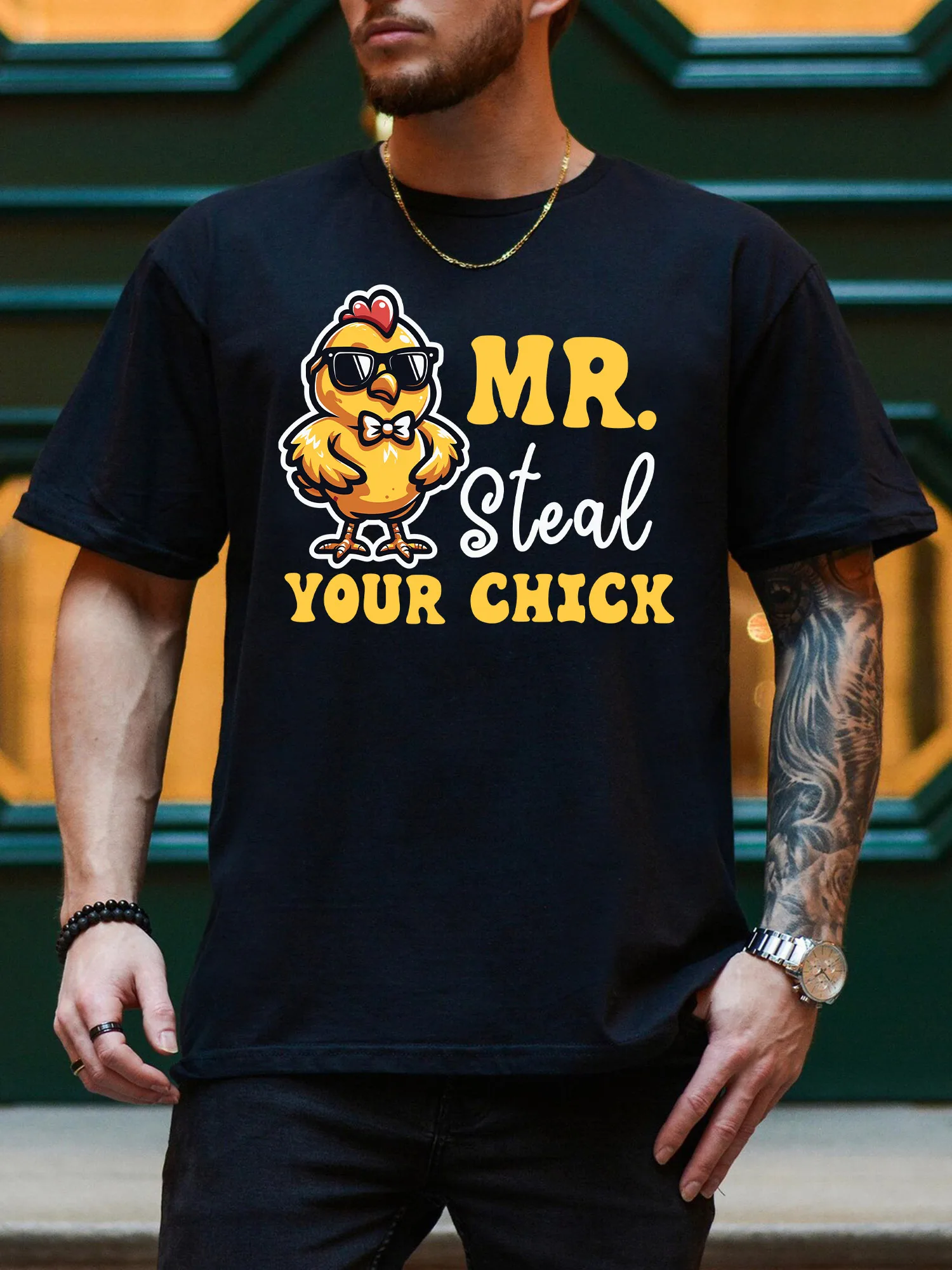

Steal Your Chick Men's Graphic Tee, Pure Cotton Casual Black T-Shirt, Lightweight Round Neck Tee
