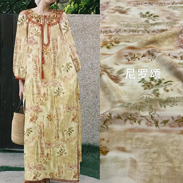 Beige Vintage Egyptian Floral Print Silk Stretch Crepe De Chine Fabric Mulberry Silk Material for Dresses  140cm wide blouse