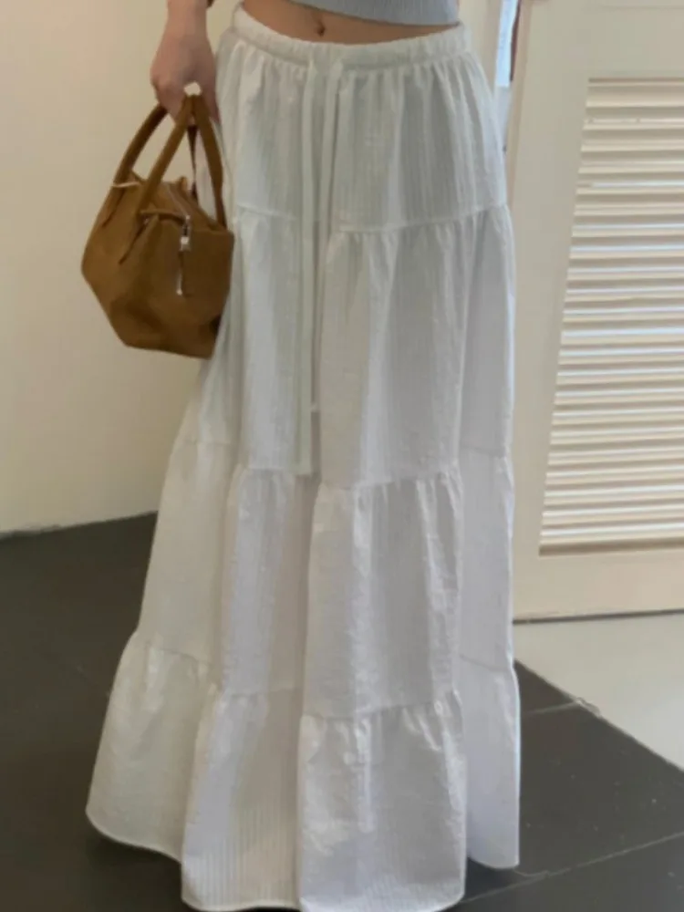 Dongda Gate Summer New Elastic Waist Drawstring  Color Versatile Refreshing Midi Skirt Women's Fashion Korean Style