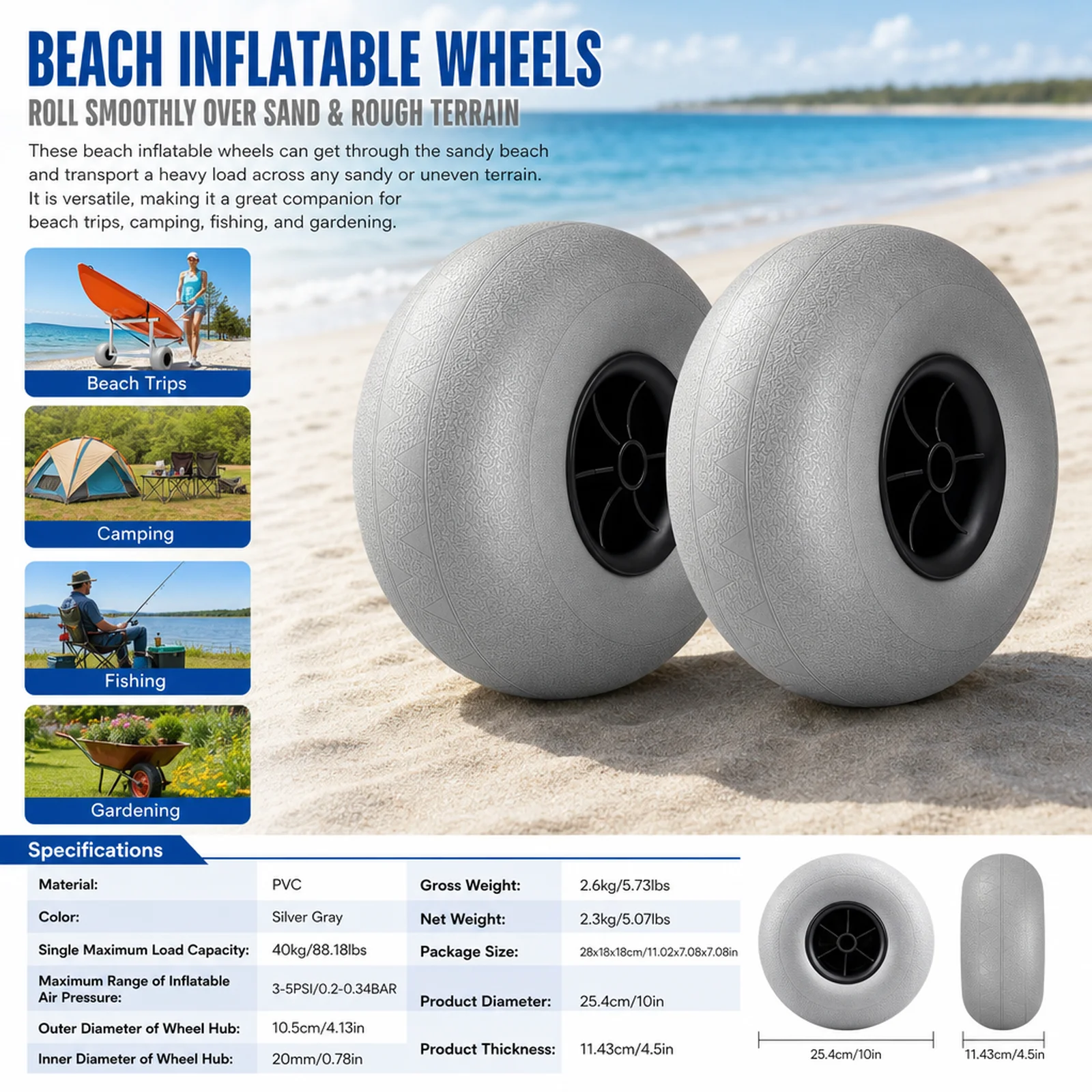 Fishing Kayak Cart - Beach Replacement Balloon Wheels Tires 2-Pack,