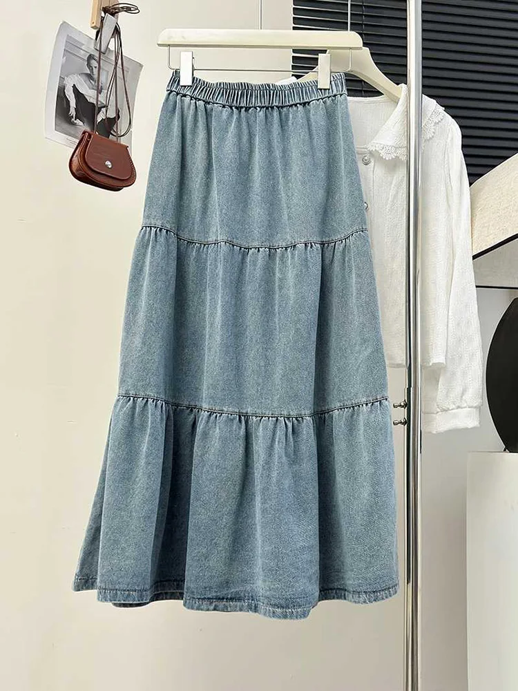 Retro Elastic Waist Splicing Denim Skirts for Women 2025 New High Waist Slimming Half Skirt Summer Fashion A-line Midskirt