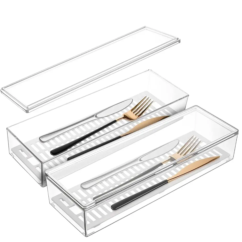 

2 шт. прозрачных органайзера для столовых приборов с крышкой, пластиковый контейнер для хранения столовых приборов, органайзер для кухонного ящика, подставка для столовых приборов.