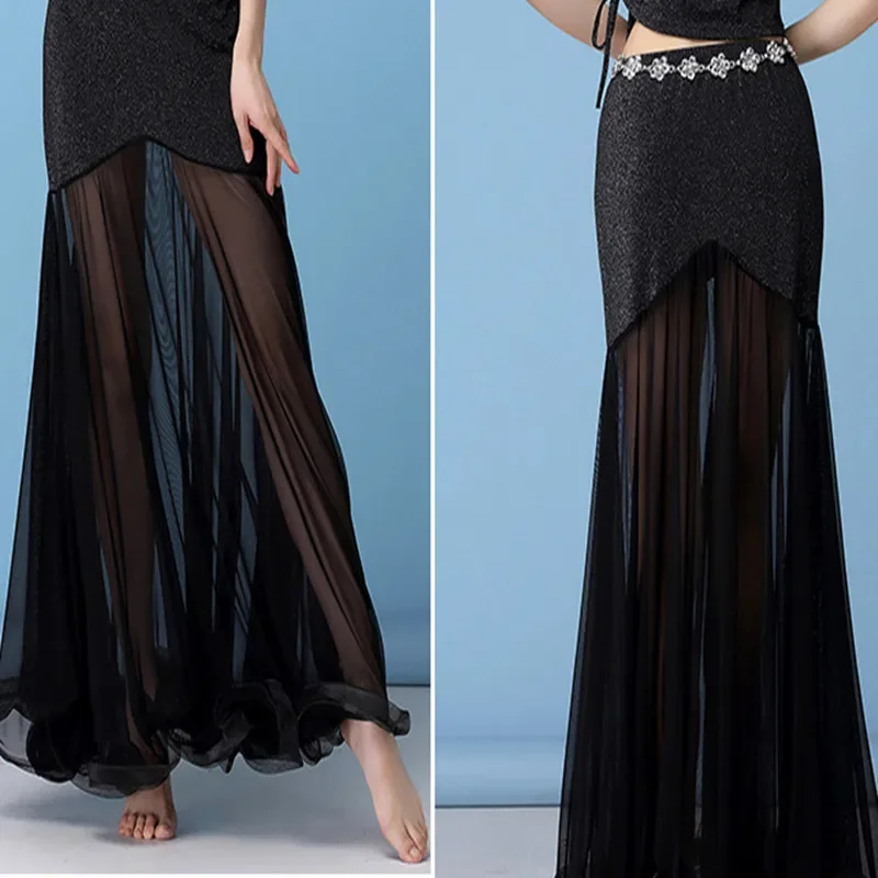 Srebrna spódnica do tańca brzucha z siateczki, kostium dla tancerki, strój tribal, długa spódnica maxi, pełny okrąg, jednolity kolor, odzież taneczna, czarna, czerwona, rozmiar XL, dla dorosłych.