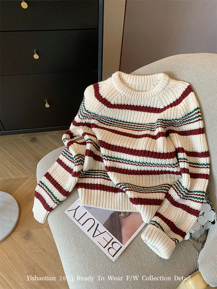 

Japanese Fashion Women Classical Basic Striped Sweater O-Neck Long Sleeve Cashmere Top Chic 2000s Aesthetic Pullover High Street