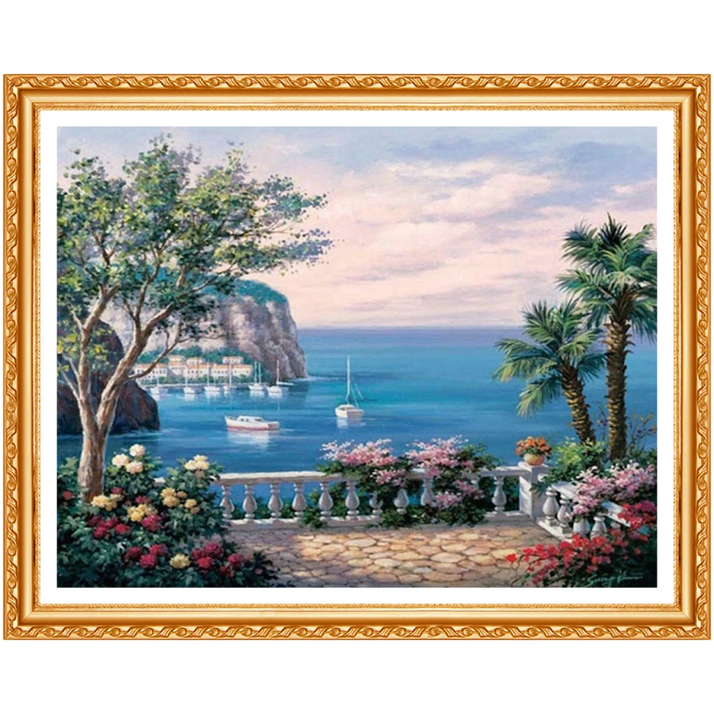 Beauty Life Diamond  Landscape seaside mountain town dimensional embroidery 3D DIY diamond painting nature scroll painting