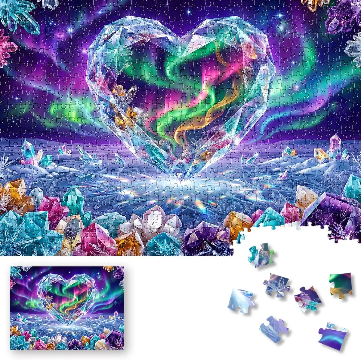 

500 Piece Jigsaw Puzzle for Adults, Thick HD Board, Dust-Free, Fantasy Crystal Heart Aurora Art, Unique Gift
