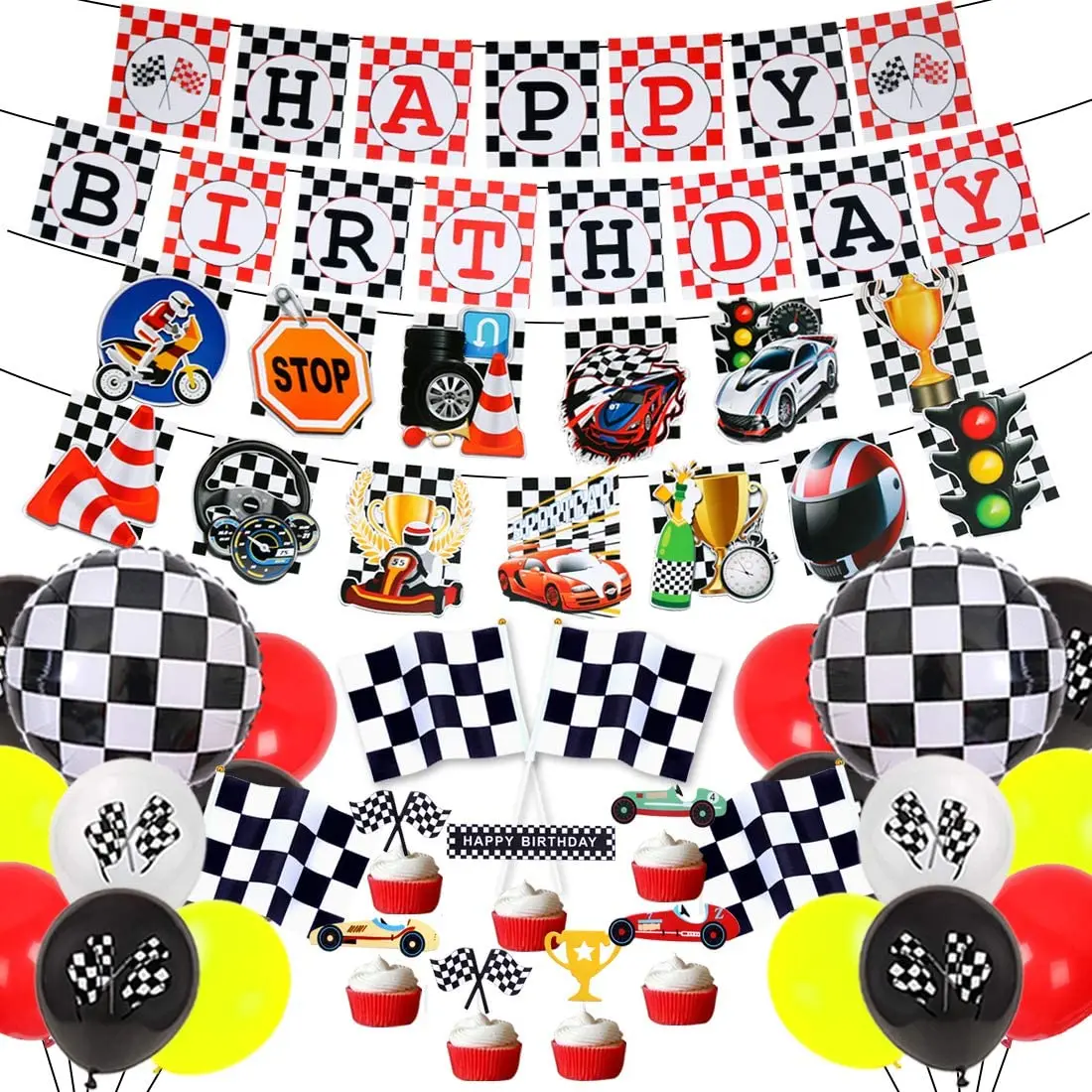 

Racing Cars Birthday Party Decorations Race Car Birthday Party Set with Racing Happy Birthday Banner Checkered Flags Balloons