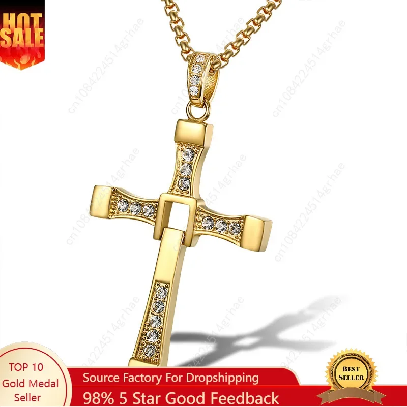 

316L stainless steel Fast and Furious Movies Actor Dominic Toretto Rhinestone Cross Crystal Pendant Chain Necklace Men Jewelry