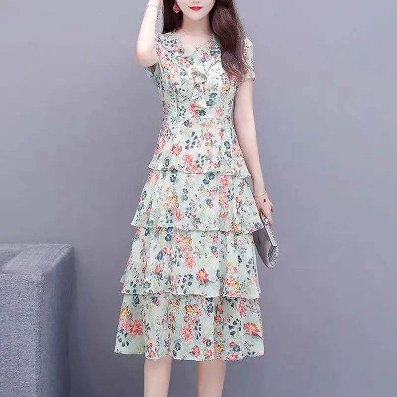 

Elegant V-Neck Printed Spliced Ruffles Prom Dresses Women's Clothing 2024 Summer New Loose Office Lady Chiffon Floral Dress